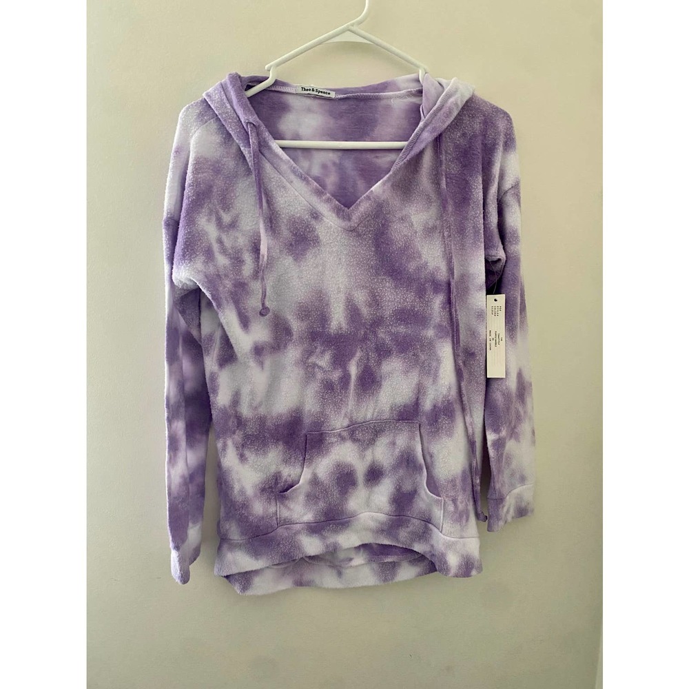 New THEO & SPENCE Purple Tie-Dye V-Neck Drawstring Hoodie Size XS
